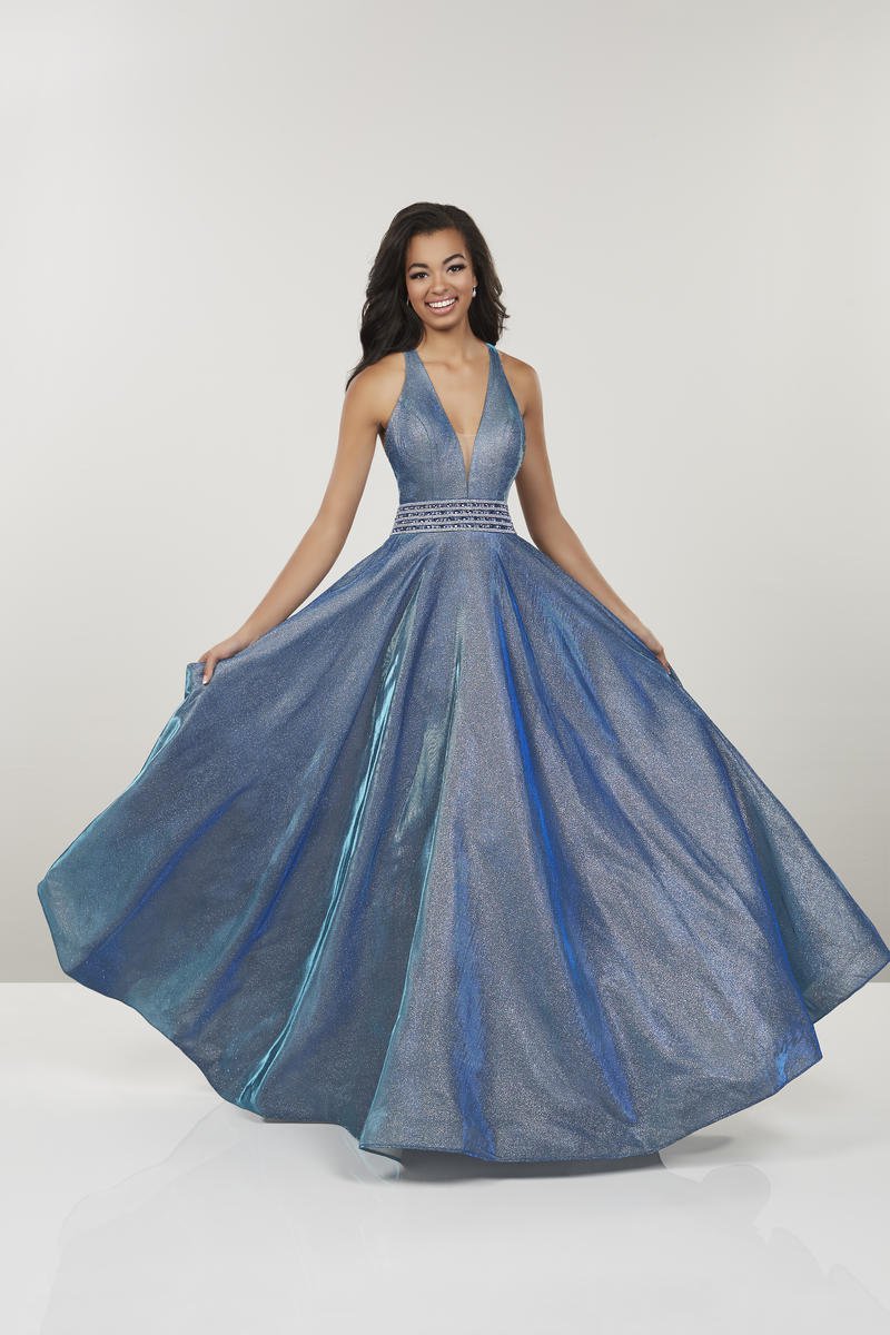 Panoply - 14926 Plunging V-Neck Embellished Ballgown In Blue