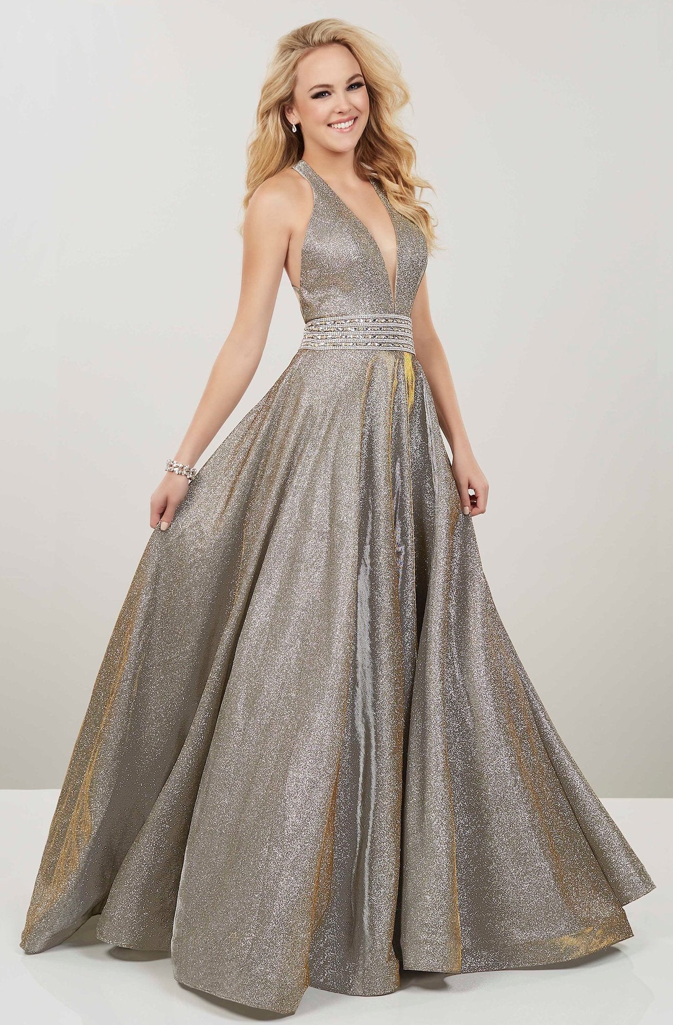 Panoply - 14926 Plunging V-Neck Embellished Ballgown In Gold