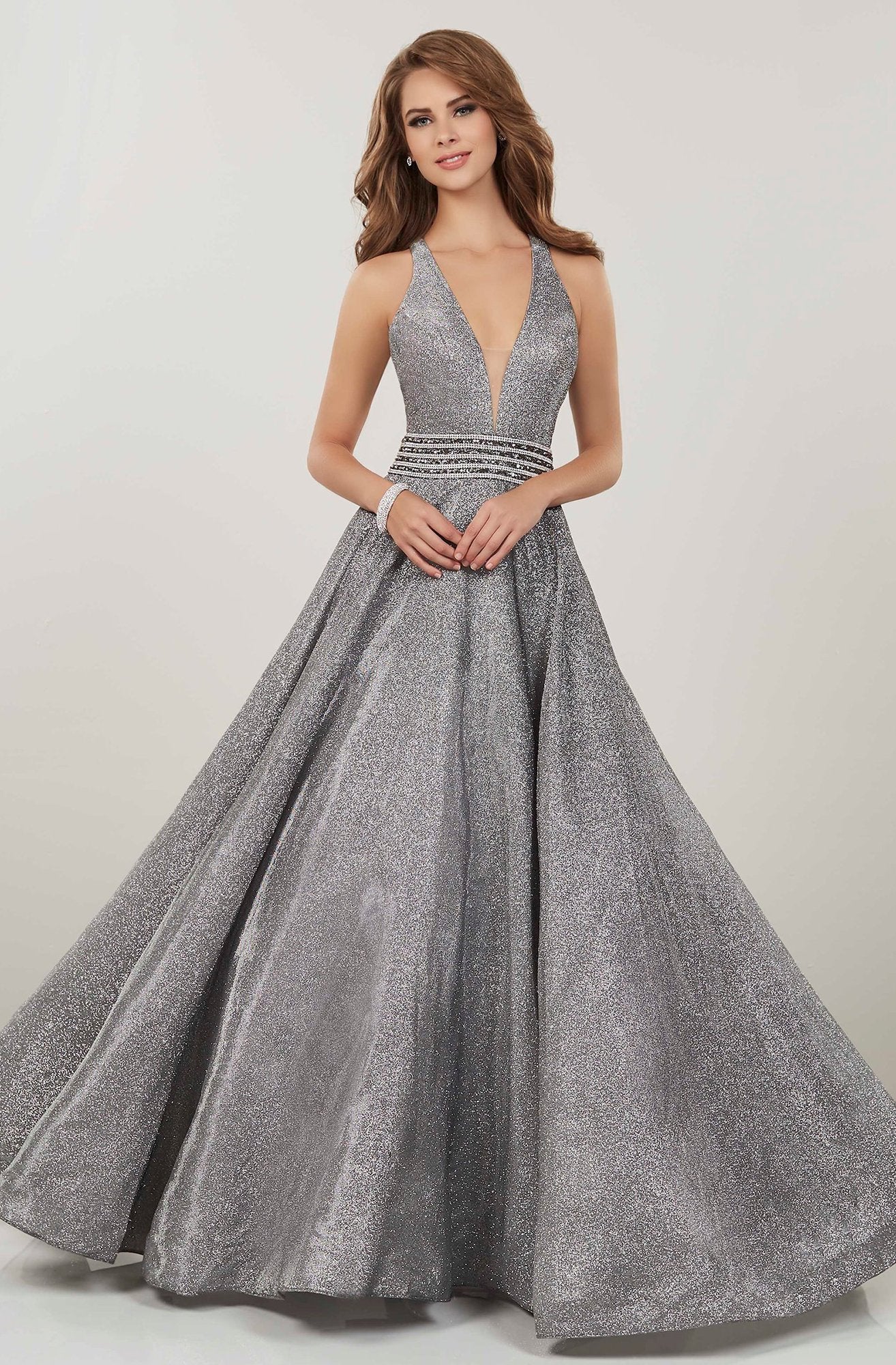 Panoply - 14926 Plunging V-Neck Embellished Ballgown In Gray