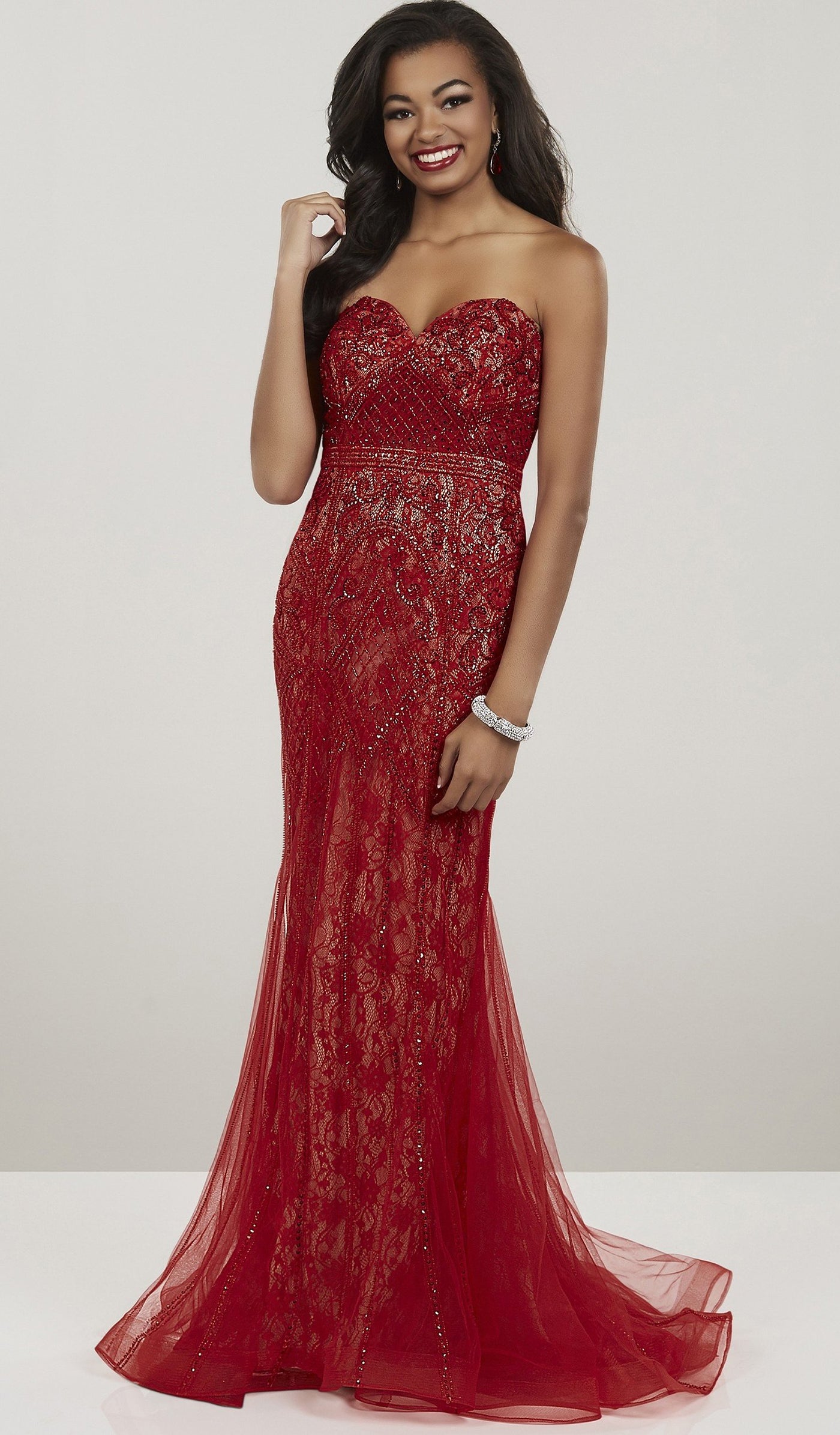 Panoply - 14930 Beaded Lace Sweetheart Trumpet Dress In Red and Neutral