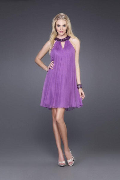 La Femme - 14943 Jeweled Ruched A-Line Cocktail Dress In Purple