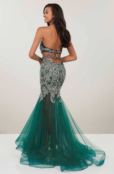 Panoply - 14964 Beaded Lace Halter V-neck Tulle Mermaid Dress in Green