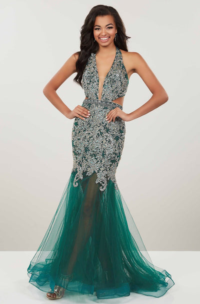 Panoply - 14964 Beaded Lace Halter V-neck Tulle Mermaid Dress in Green