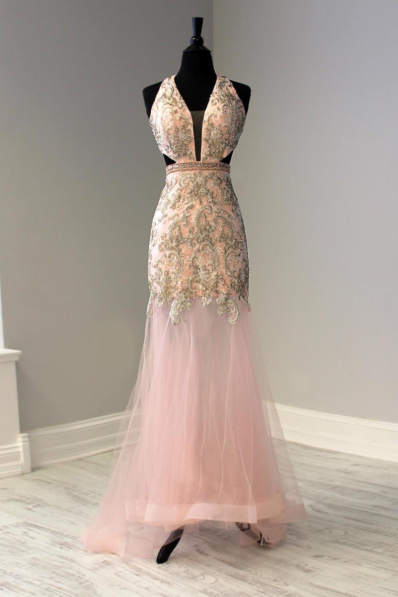Panoply - 14964 Beaded Lace Halter V-neck Tulle Mermaid Dress In Pink