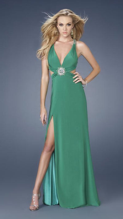 La Femme - Long Dress with Side Cut Outs and Slit 15015 In Green