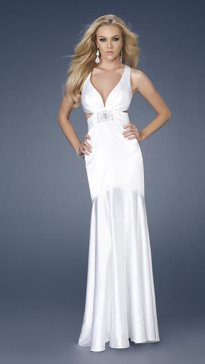 GiGi - Crisscross Back Satin Evening Dress 15119 In White