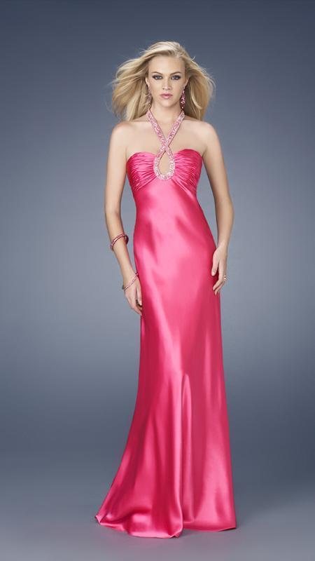 La Femme - Long Dress with Intricate Beaded Neckline 15121 In Pink