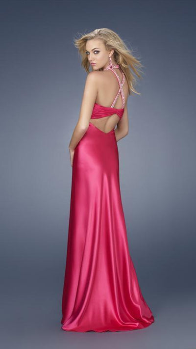 La Femme - Long Dress with Intricate Beaded Neckline 15121 In Pink