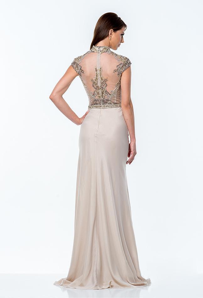 Terani Couture - Beaded High Neck Sheath Gown 151M0352B in Neutral