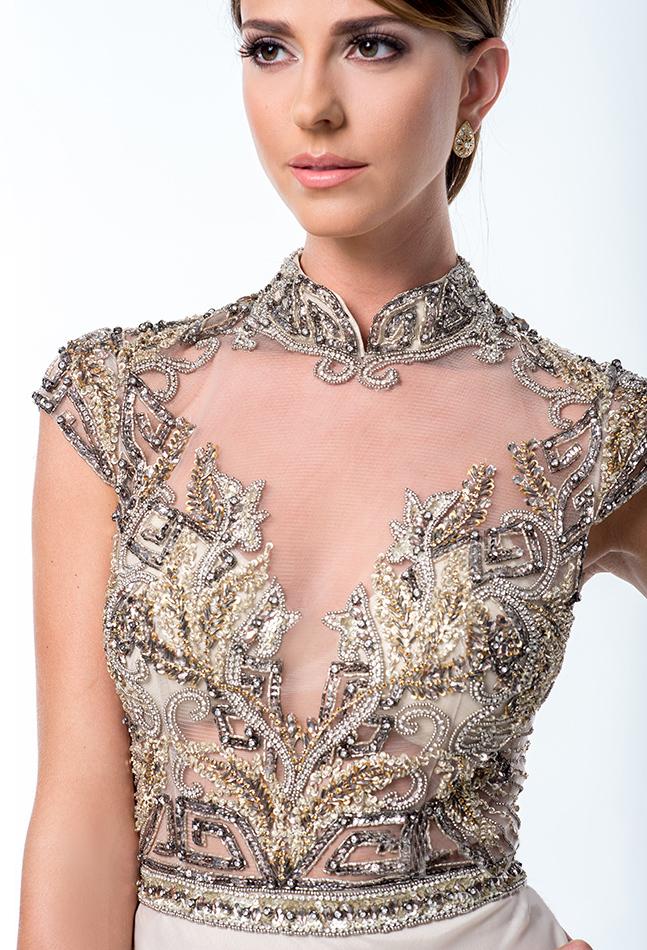 Terani Couture - Beaded High Neck Sheath Gown 151M0352B in Neutral
