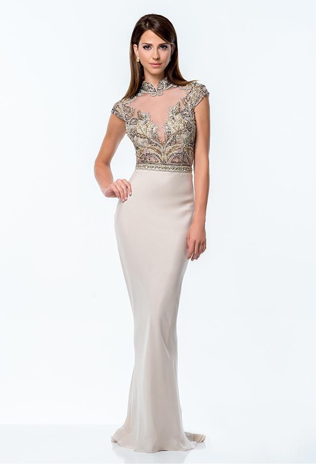 Terani Couture - Beaded High Neck Sheath Gown 151M0352B in Neutral