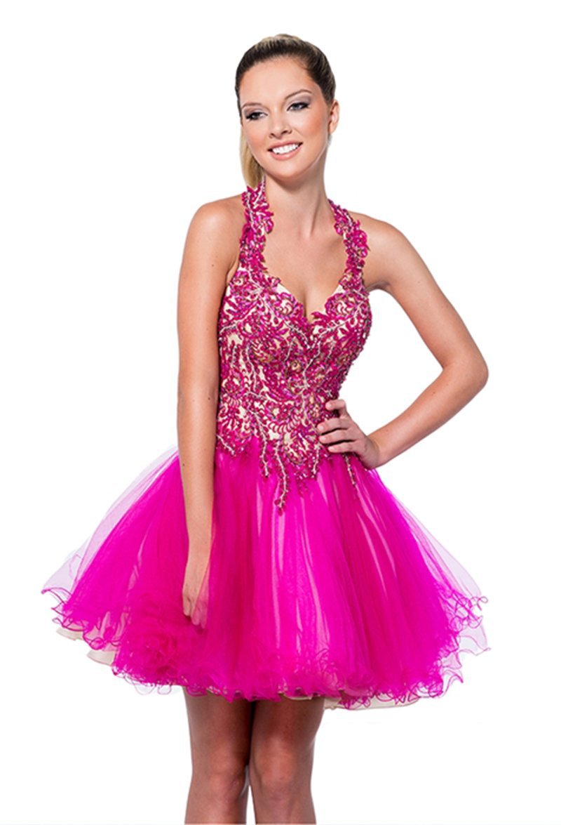 Terani Couture - 151P0008A Halter Strap Embellished Cocktail Dress in Pink