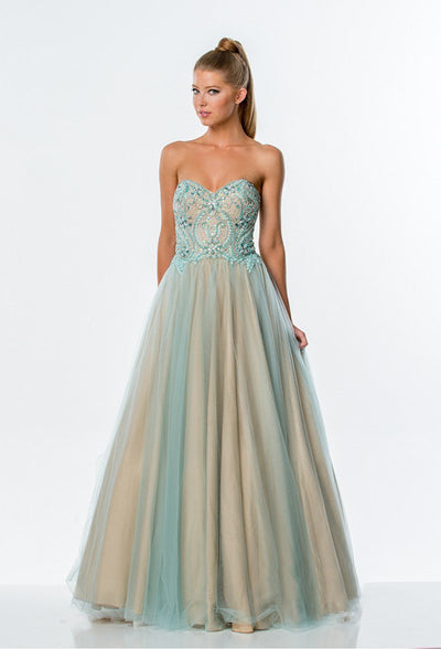 Terani Couture - 151P0088B Ornate Strapless Sweetheart Ballgown in Blue and Neutral