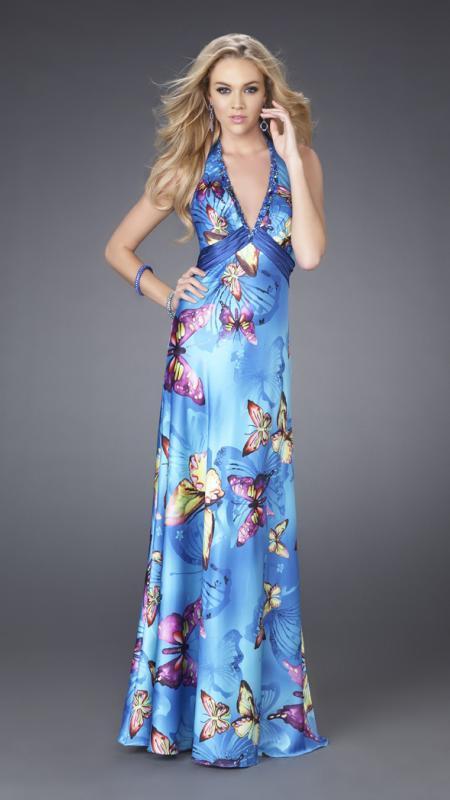 La Femme - Butterfly Printed Long Dress 15228 In Blue
