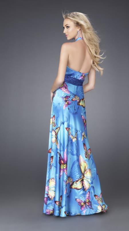 La Femme - Butterfly Printed Long Dress 15228 In Blue