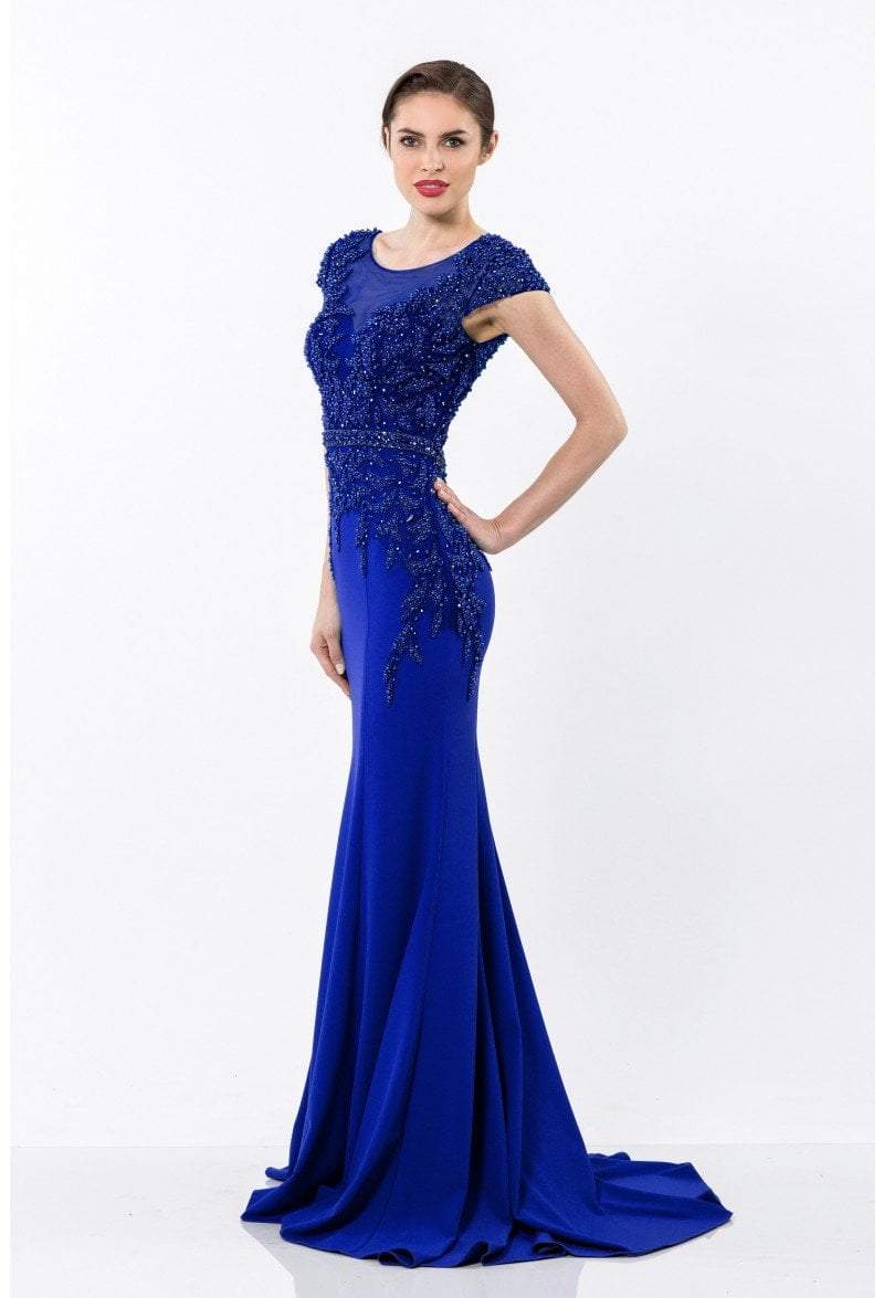 Terani Couture - Beaded Ethereal Leaf Embellished Jersey Mermaid Gown 1522E0469A In Blue