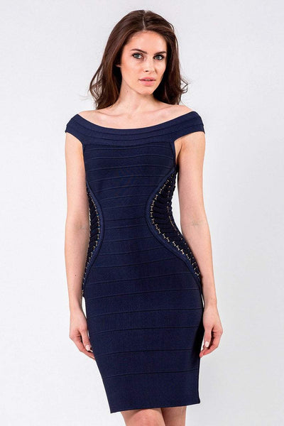 Terani Couture - Dashing Bandage Off-Shoulder Dress 1523C0322 in Navy Blue