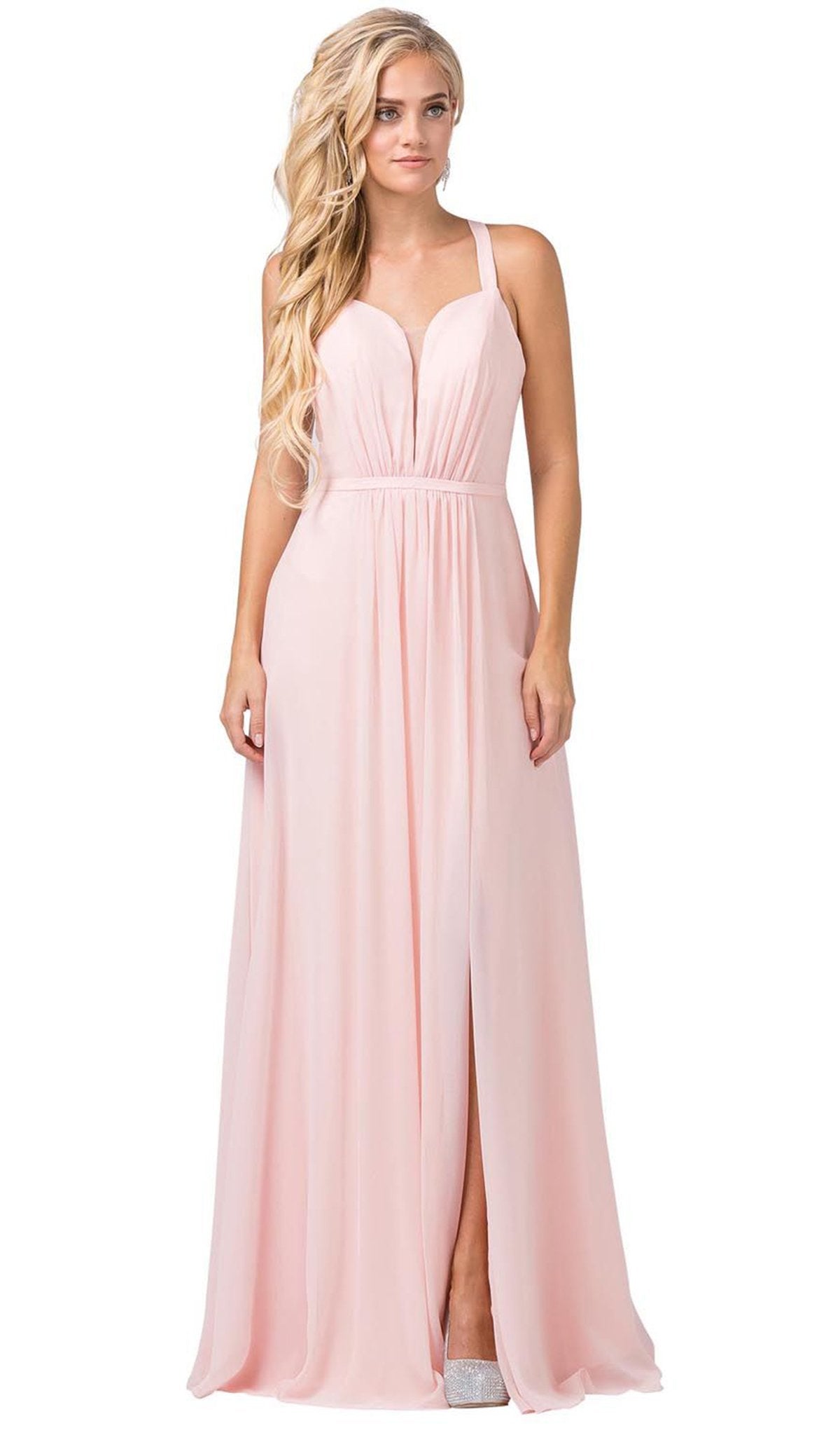 Dancing Queen - 2541 Crisscross Strap Ruched Bodice Chiffon Dress In Pink