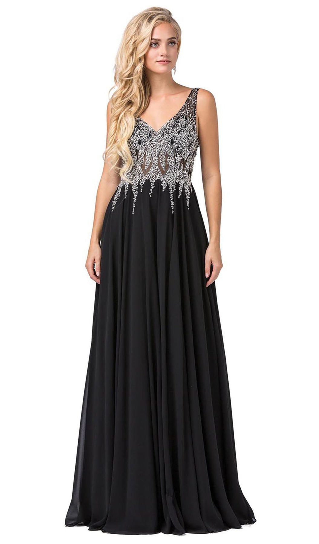Dancing Queen - 2570 Jewel Ornate Illusion Bodice Chiffon Prom Dress In Black