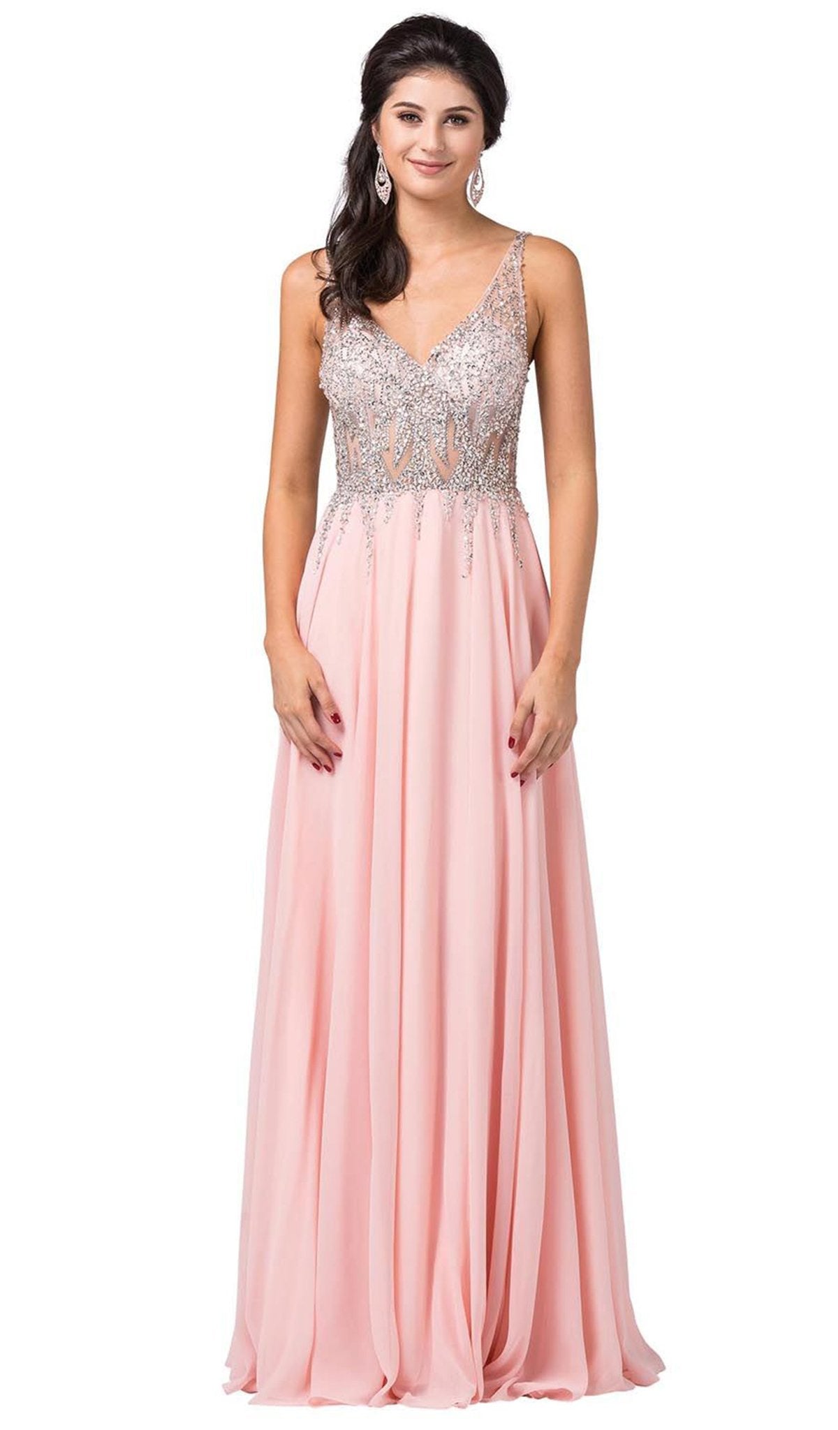 Dancing Queen - 2570 Jewel Ornate Illusion Bodice Chiffon Prom Dress In Pink