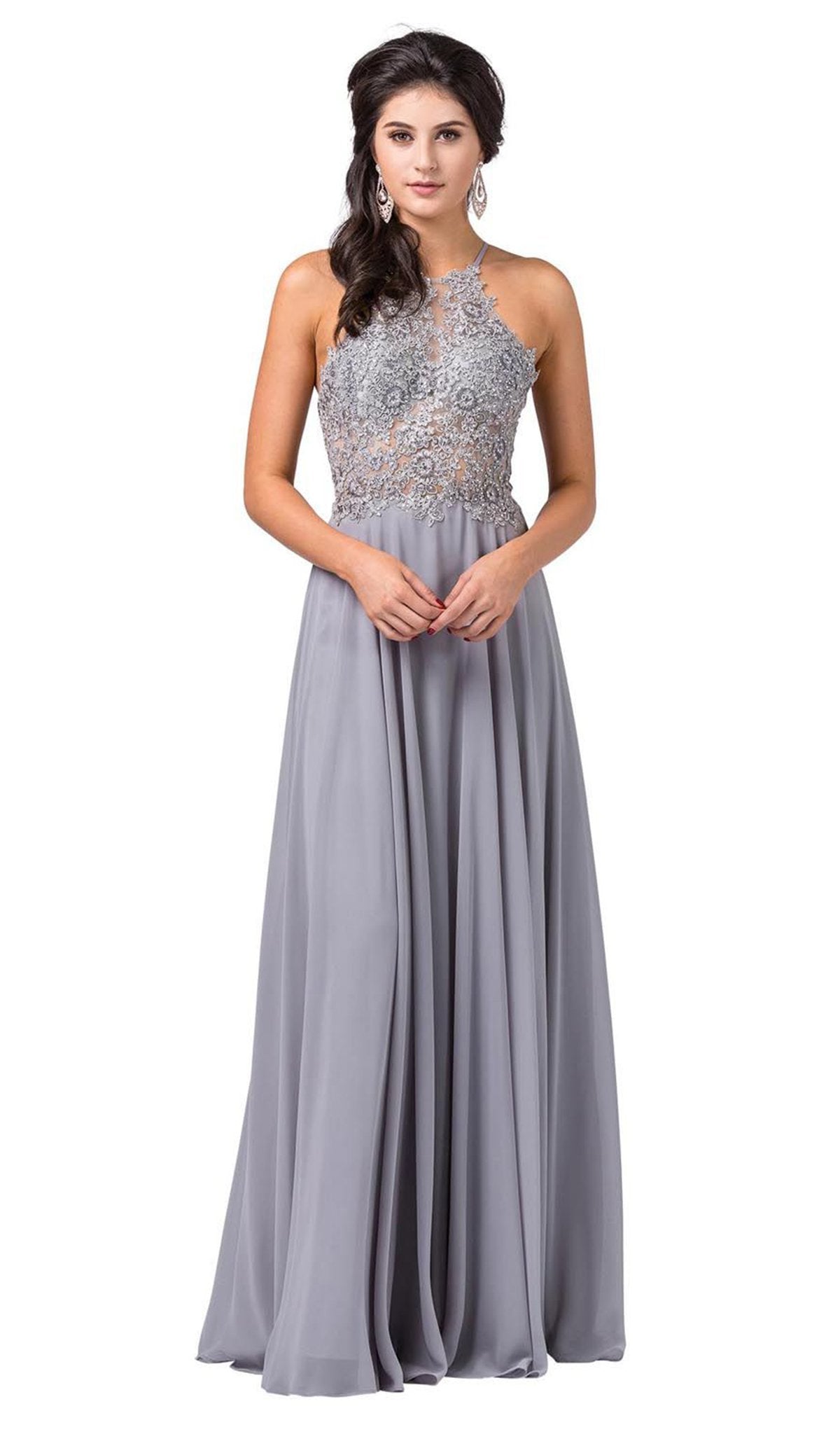Dancing Queen - 2716 Lace Applique Halter A-line Dress In Silver