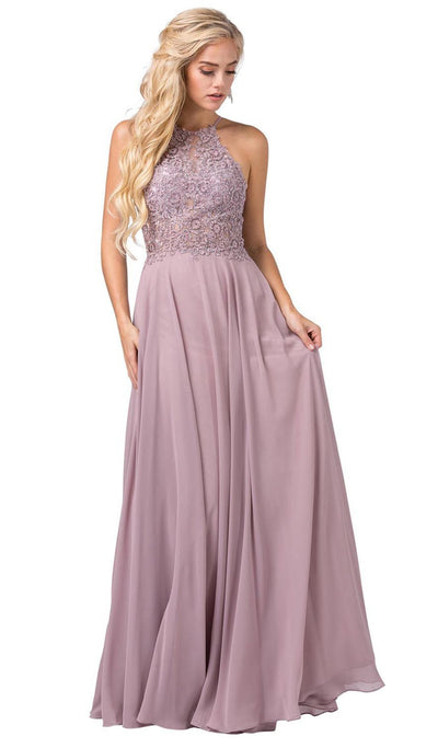 Dancing Queen - 2716 Lace Applique Halter A-line Dress In Brown