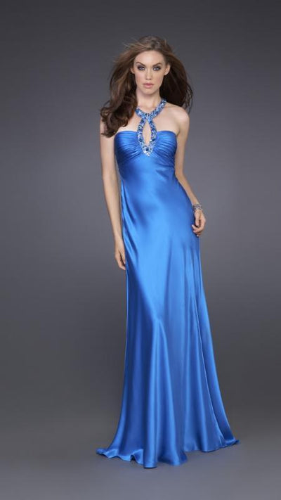 La Femme - Distinctively Embellished Neck Strap Sheath Gown 15578 in Blue