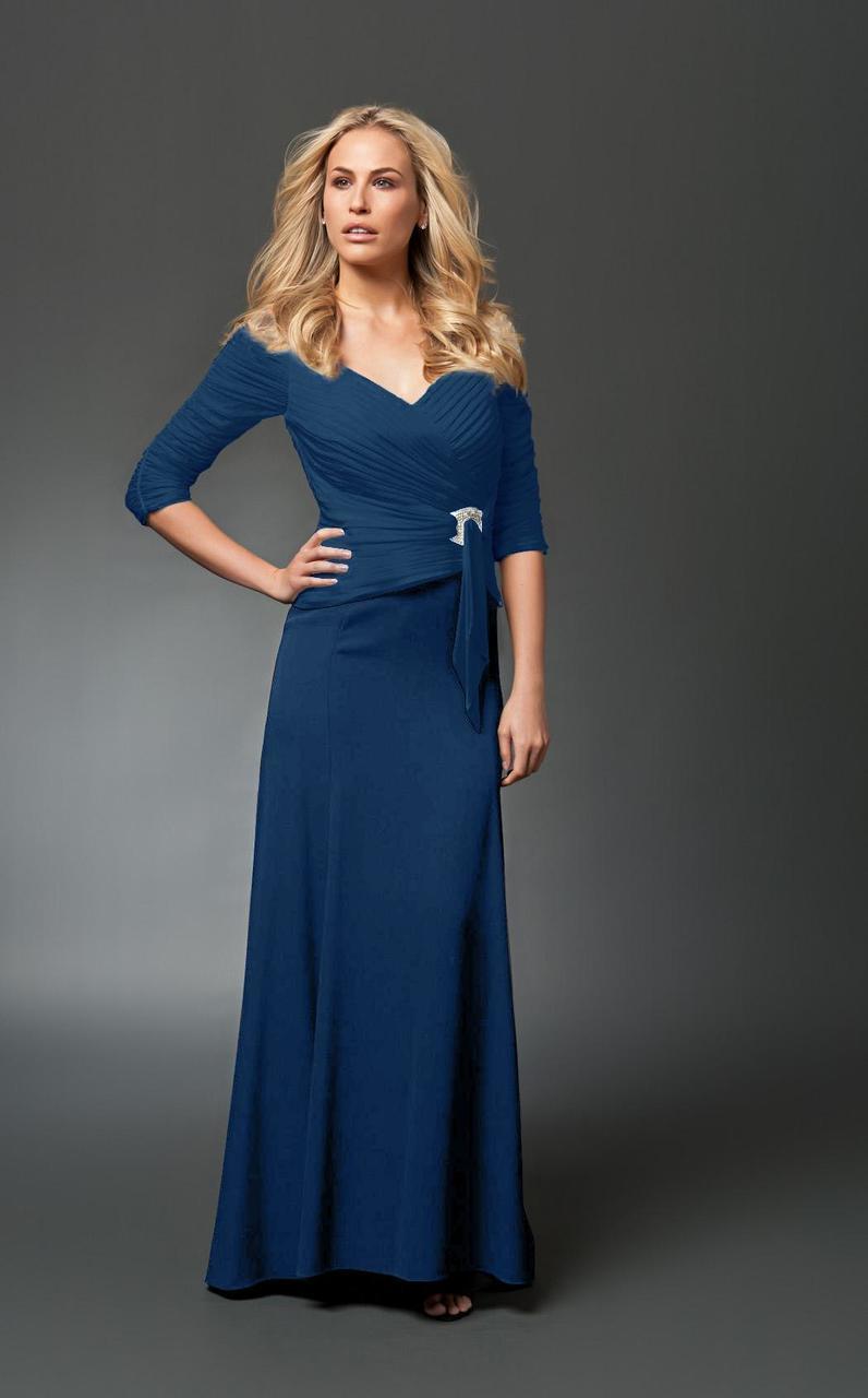 Daymor Couture - 1023 Brooch Accented Ruched A-Line Gown  In Blue