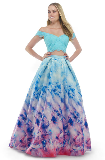 Morrell Maxie - 15836 Two-Piece Off-Shoulder Printed Ballgown in Blue