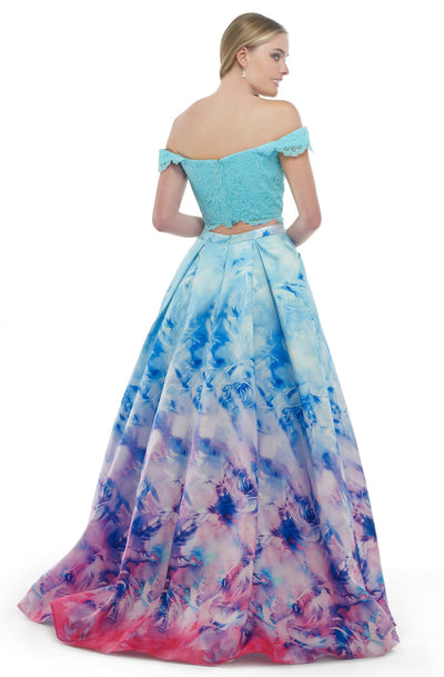Morrell Maxie - 15836 Two-Piece Off-Shoulder Printed Ballgown in Blue