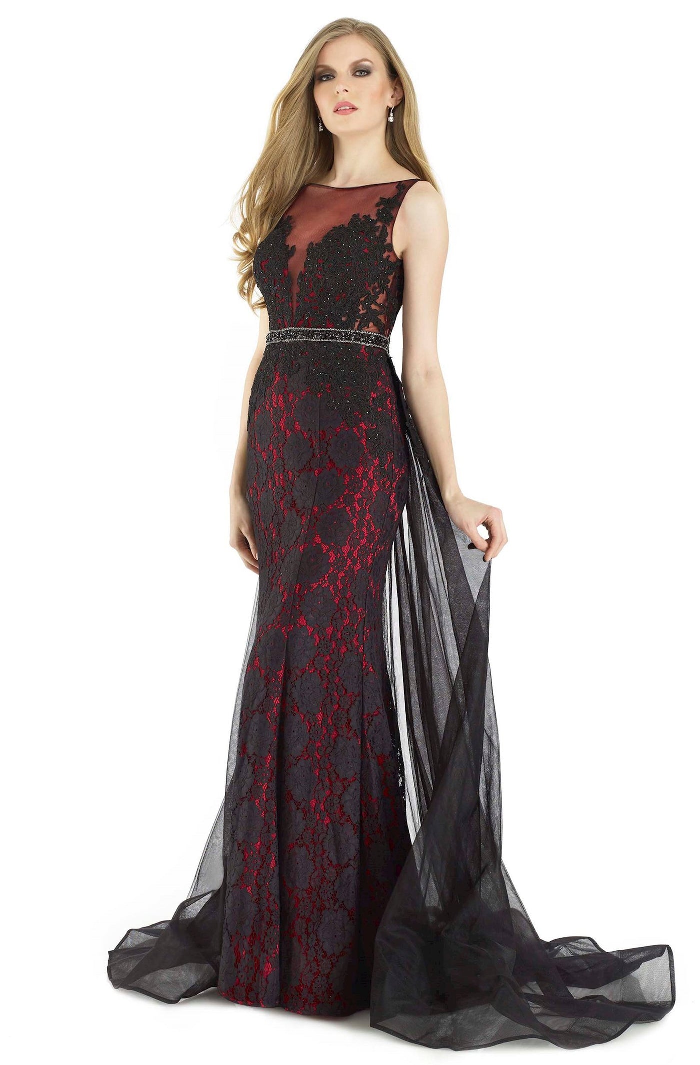 Morrell Maxie - 15927 Embellished Lace Illusion Bateau Sheath Dress in Black and Red