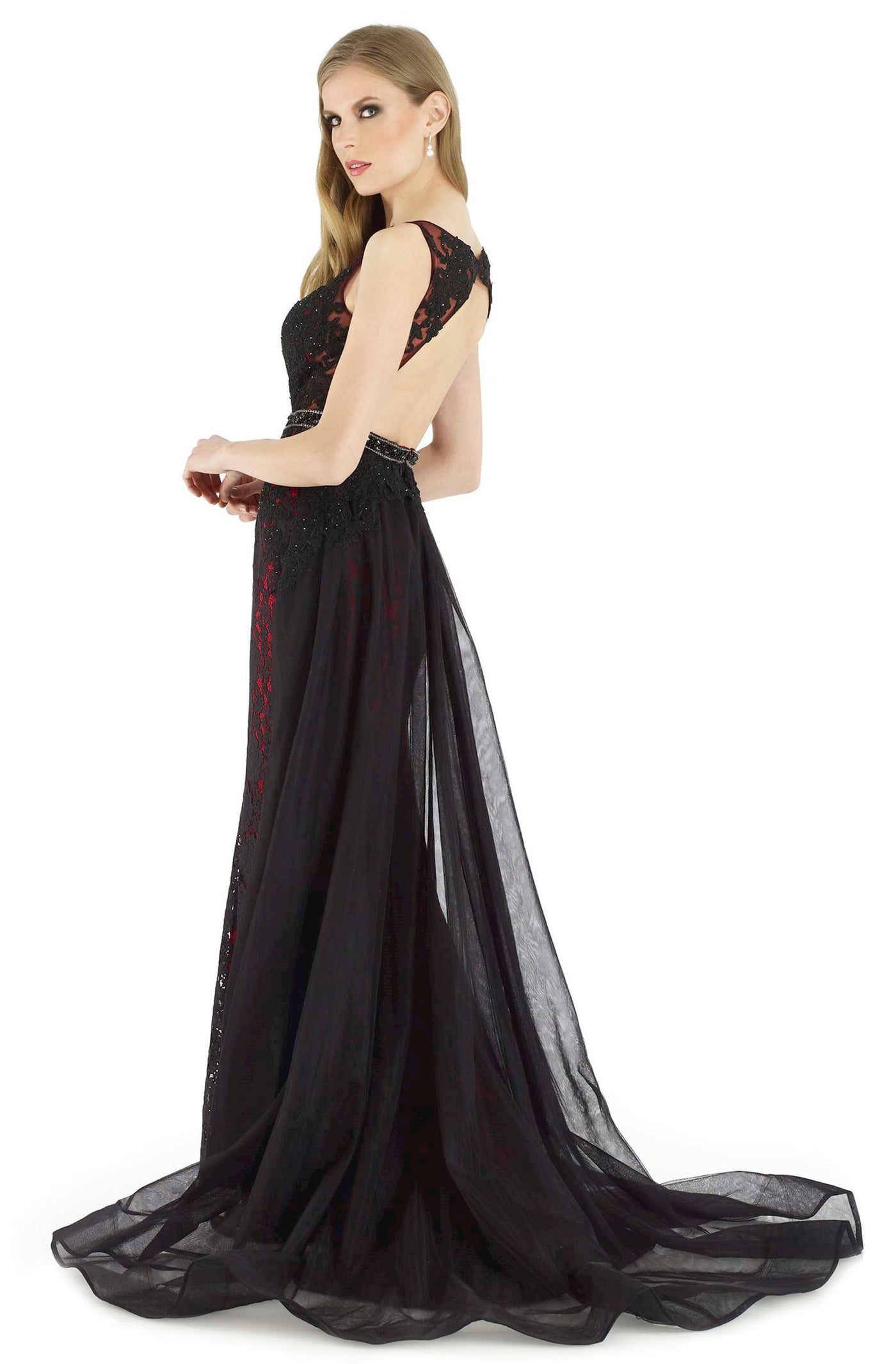 Morrell Maxie - 15927 Embellished Lace Illusion Bateau Sheath Dress in Black and Red
