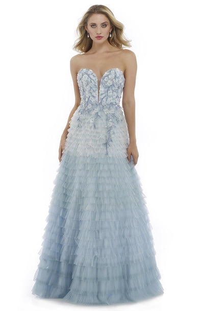 Morrell Maxie - 15979 Strapless Floral Appliqued Ruffled Gown in Blue