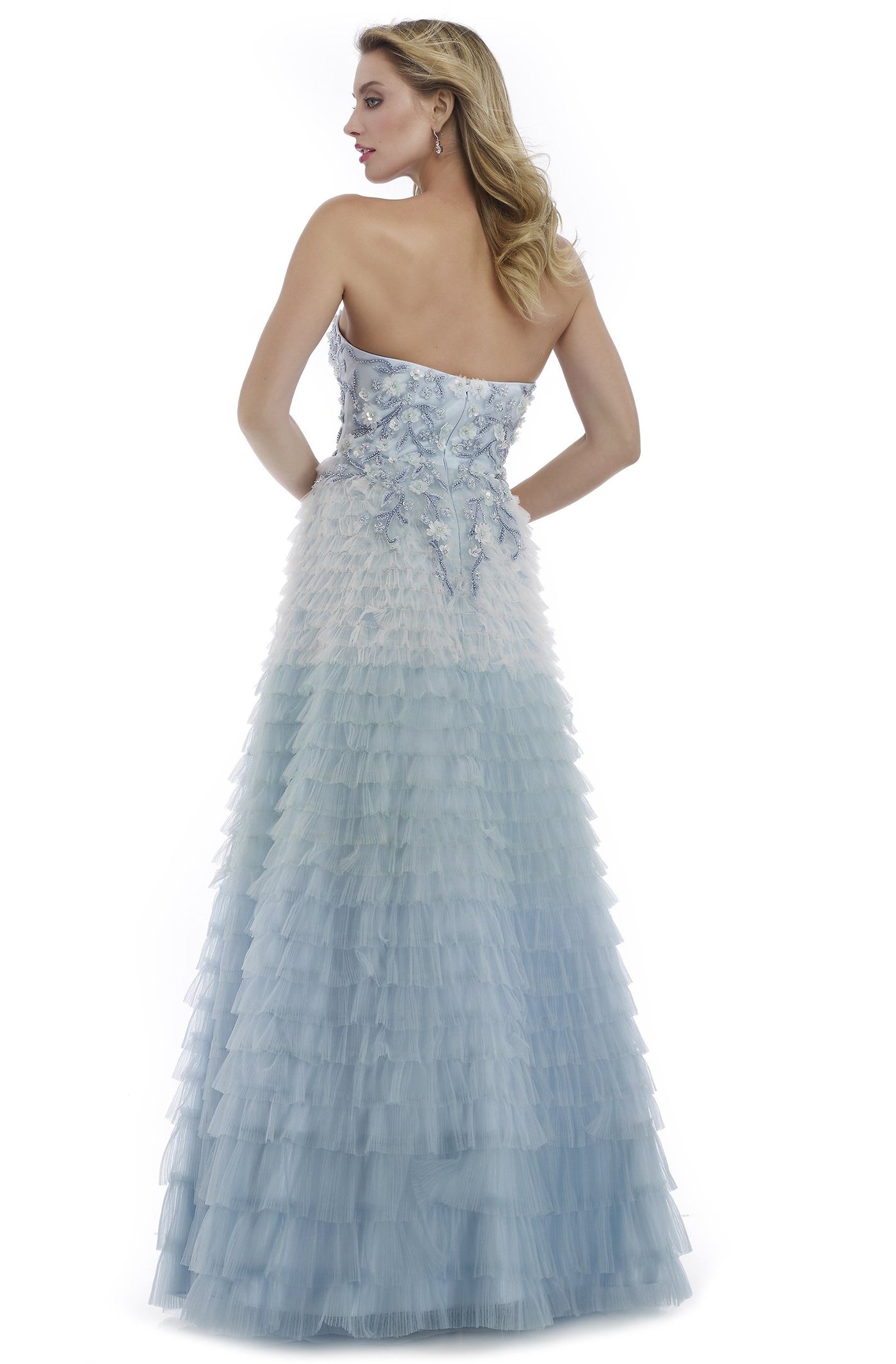Morrell Maxie - 15979 Strapless Floral Appliqued Ruffled Gown in Blue