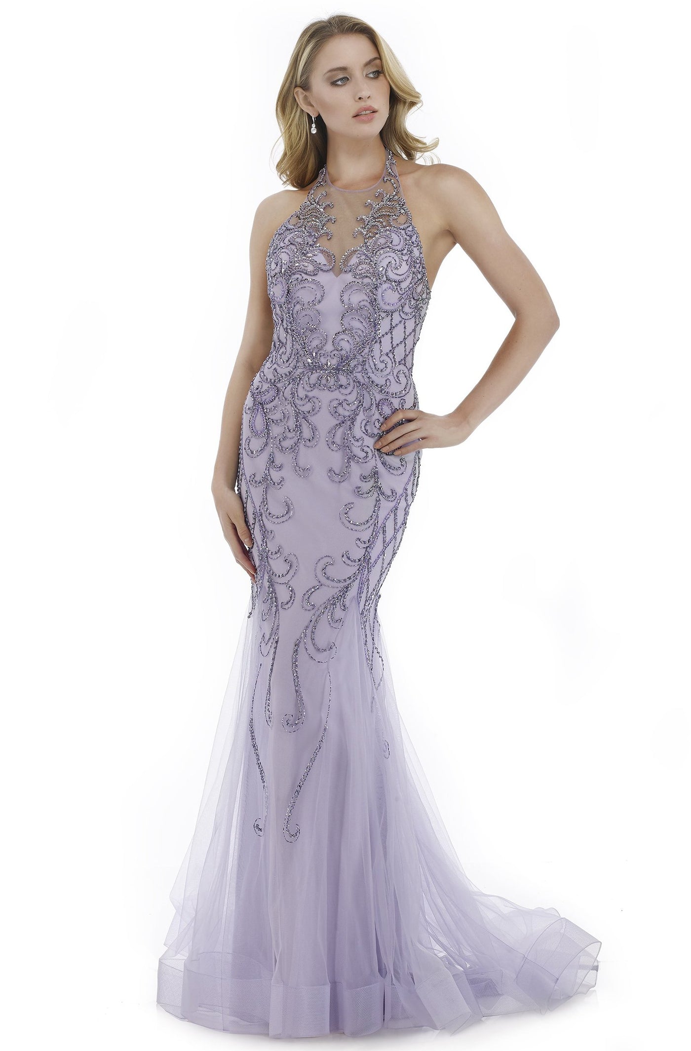 Morrell Maxie - 16003 Illusion Halter Neck Beaded Mermaid Gown in Purple