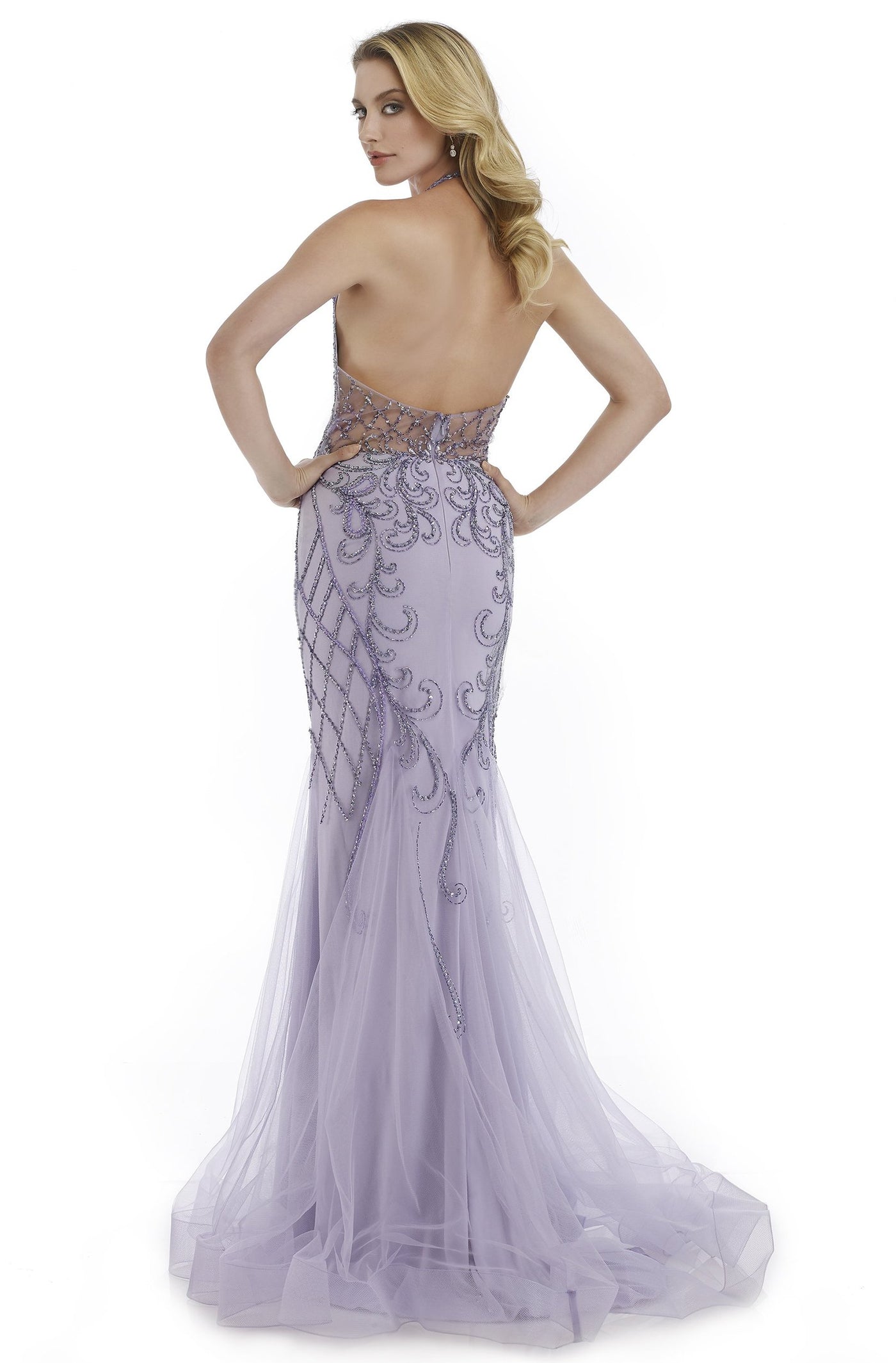 Morrell Maxie - 16003 Illusion Halter Neck Beaded Mermaid Gown in Purple