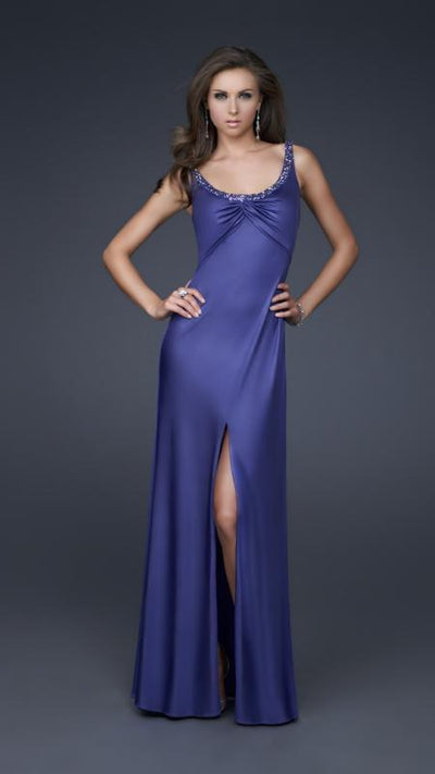 La Femme - Elegant Beaded Scoop Neck Jersey Sheath Dress 16021 in Purple