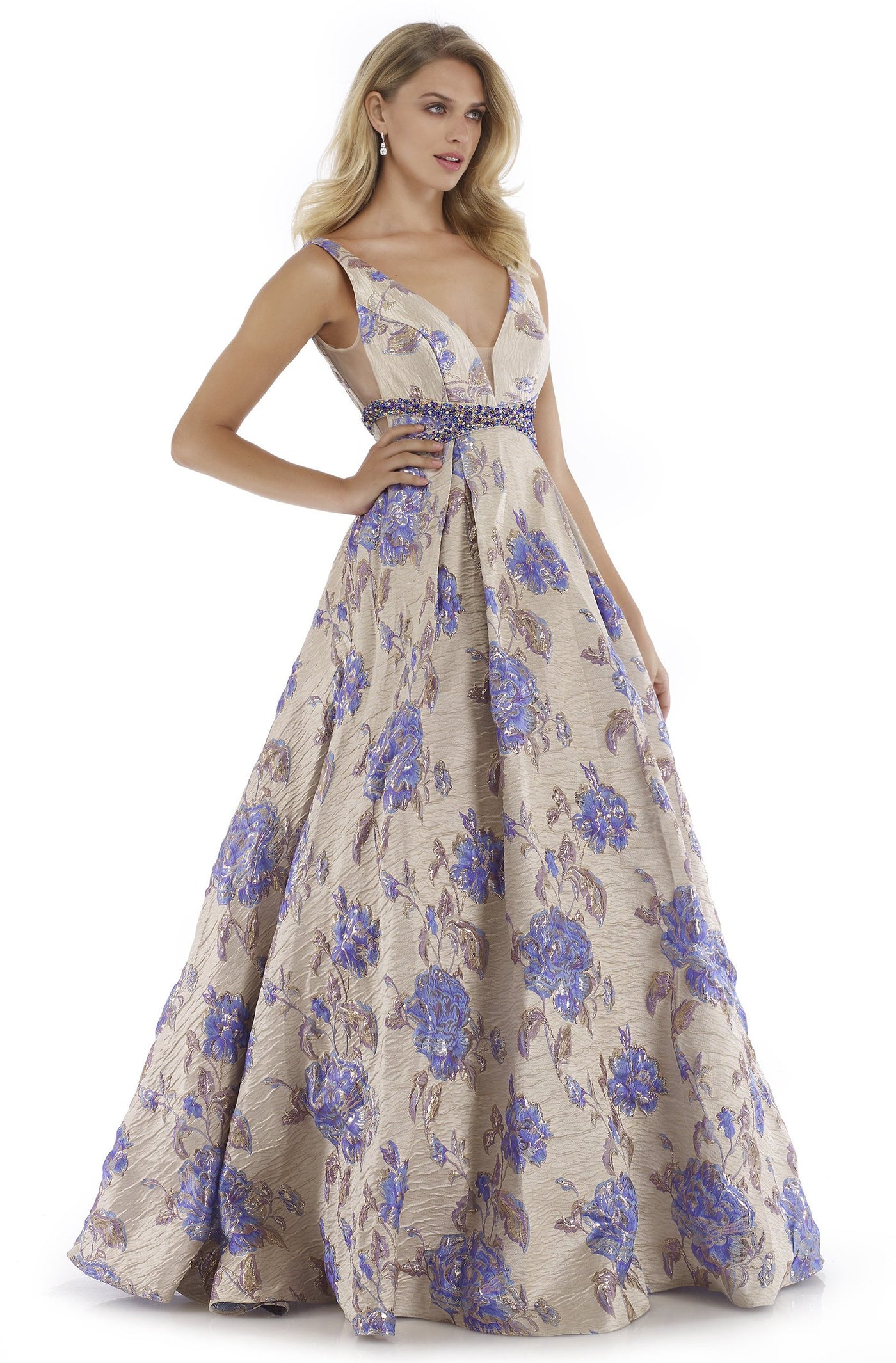 Morrell Maxie - 16028 Metallic Brocade Print Pleated A-line Dress in Purple
