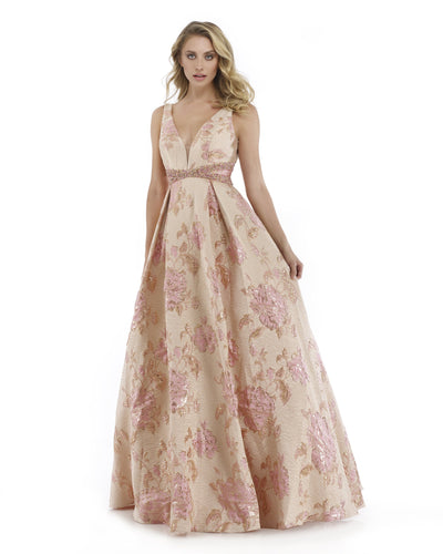 Morrell Maxie - 16028 Metallic Brocade Print Pleated A-line Dress in Pink