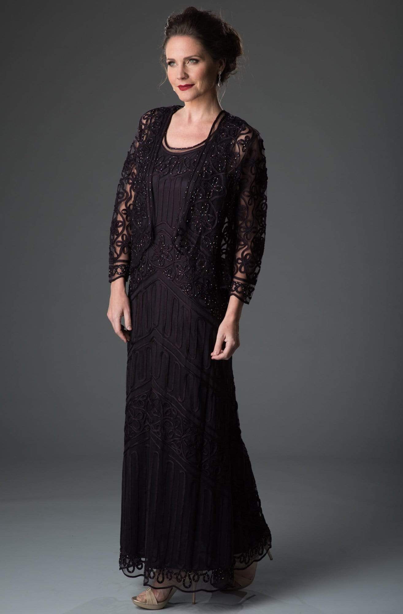 Soulmates - 1603 Soutache Lace Embroidered Dress and Jacket Gown Mother of the Bride Dresses Aubergine / S