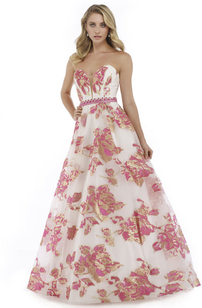 Morrell Maxie - 16049 Strapless Deep Sweetheart Brocade A-line Dress in Pink and Gold