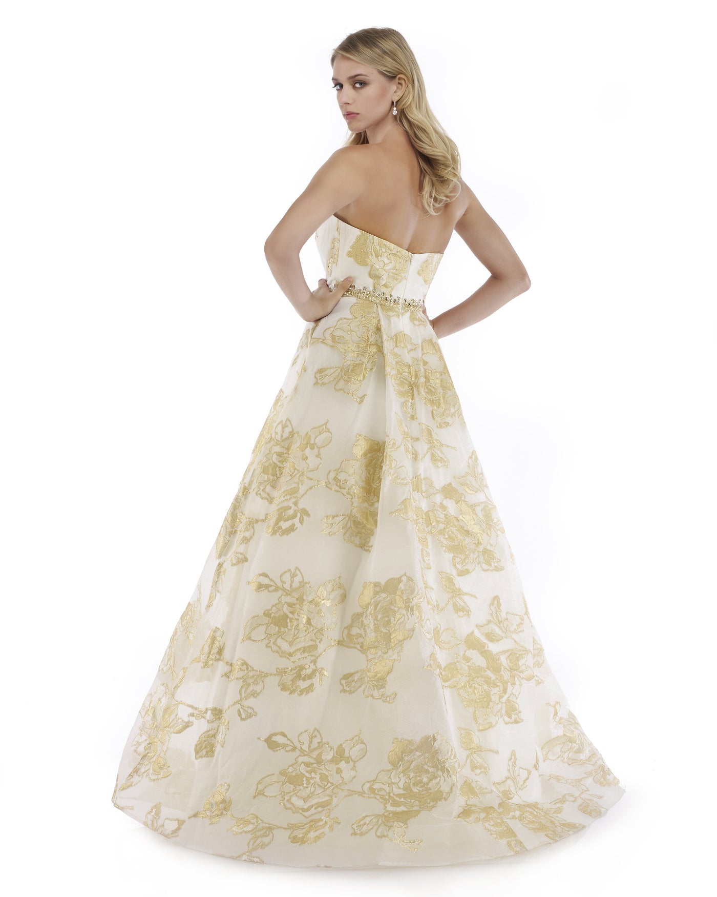 Morrell Maxie - 16049 Strapless Deep Sweetheart Brocade A-line Dress in White and Gold