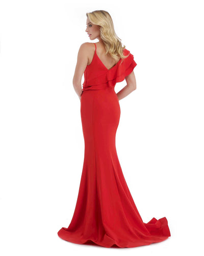 Morrell Maxie - 16061 Ruffled V-neck Scuba Mermaid Dress in Red