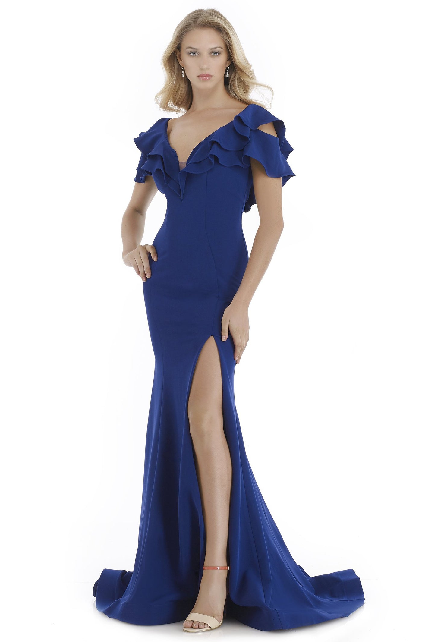 Morrell Maxie - 16064 Ruffled Plunging V-neck Mermaid Dress in Blue