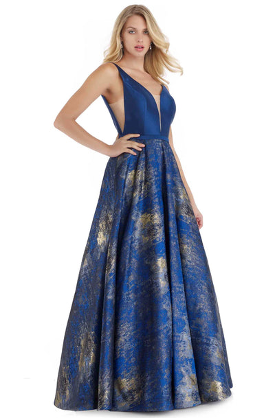 Morrell Maxie - 16067 Deep V-neck Metallic Jacquard A-line Dress in Blue