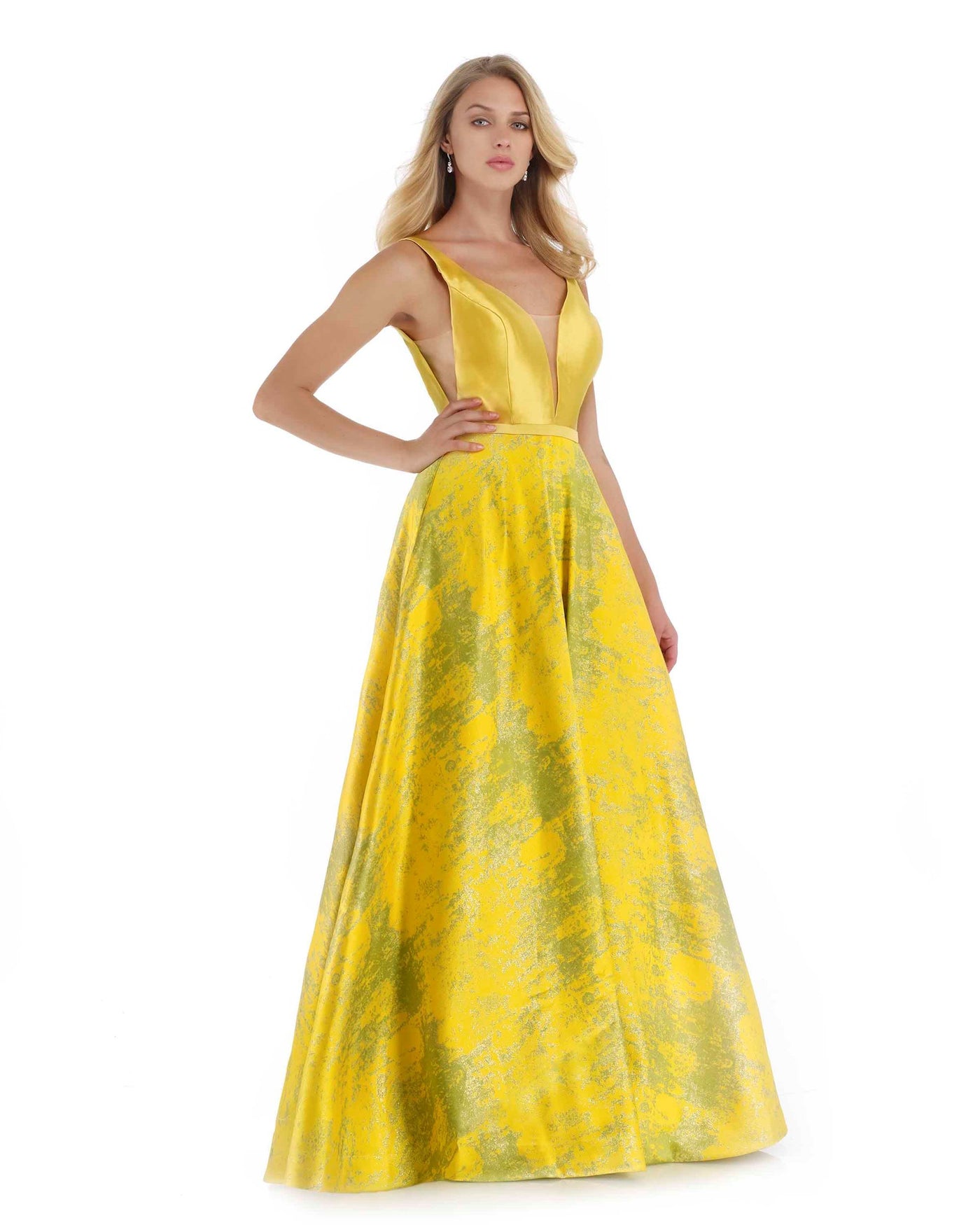 Morrell Maxie - 16067 Deep V-neck Metallic Jacquard A-line Dress in Yellow