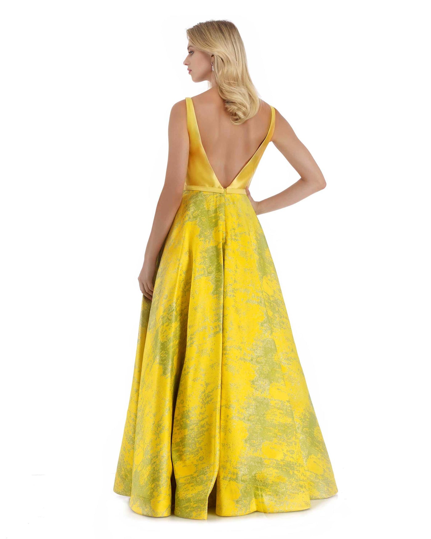 Morrell Maxie - 16067 Deep V-neck Metallic Jacquard A-line Dress in Yellow
