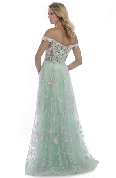 Morrell Maxie - 16085 Floral Appliques Off-Shoulder A-Line Gown in Green