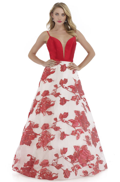 Morrell Maxie - 16090 Mikado Deep V-neck Brocade A-line Dress in Red and White
