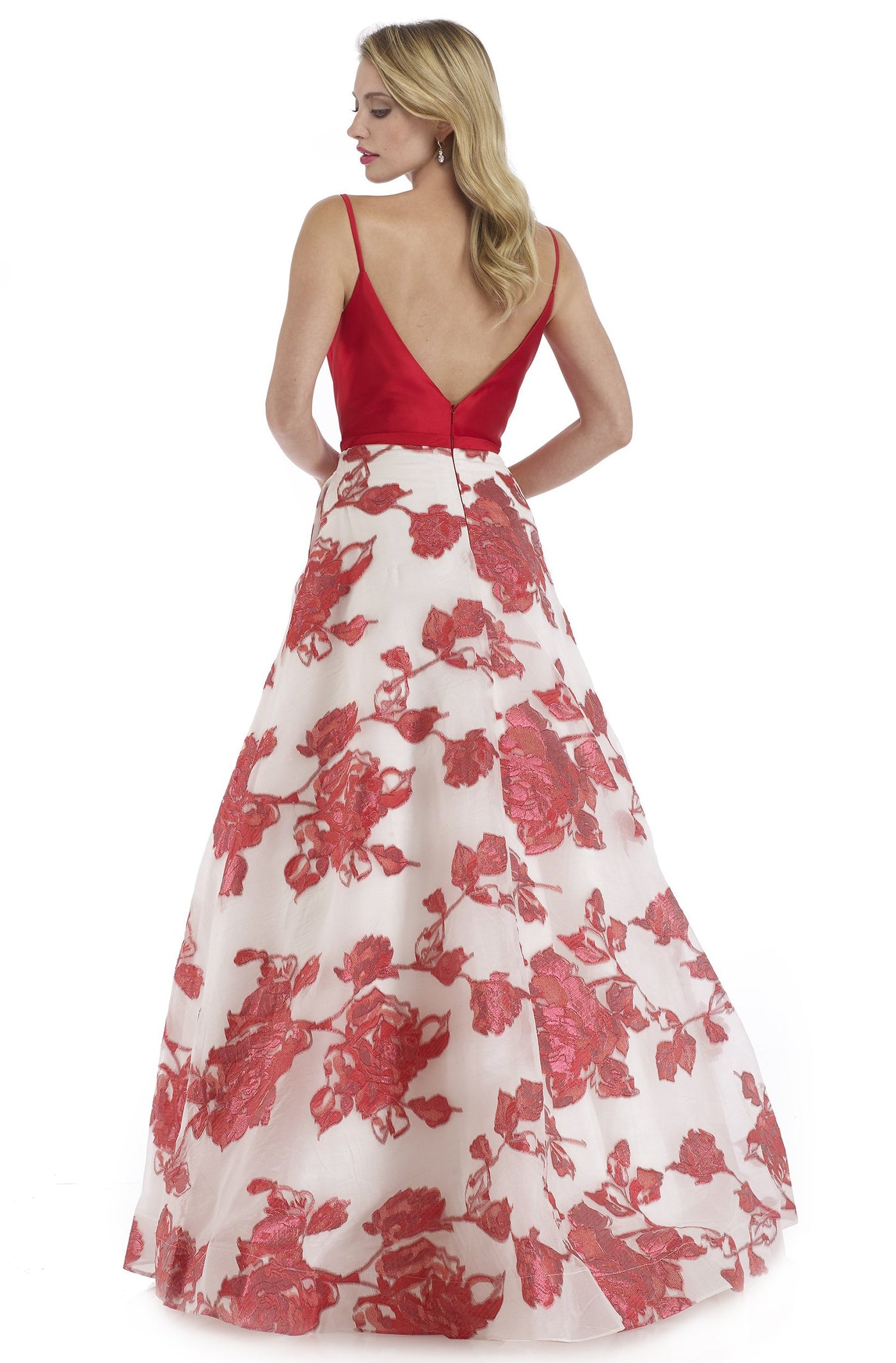Morrell Maxie - 16090 Mikado Deep V-neck Brocade A-line Dress in Red and White